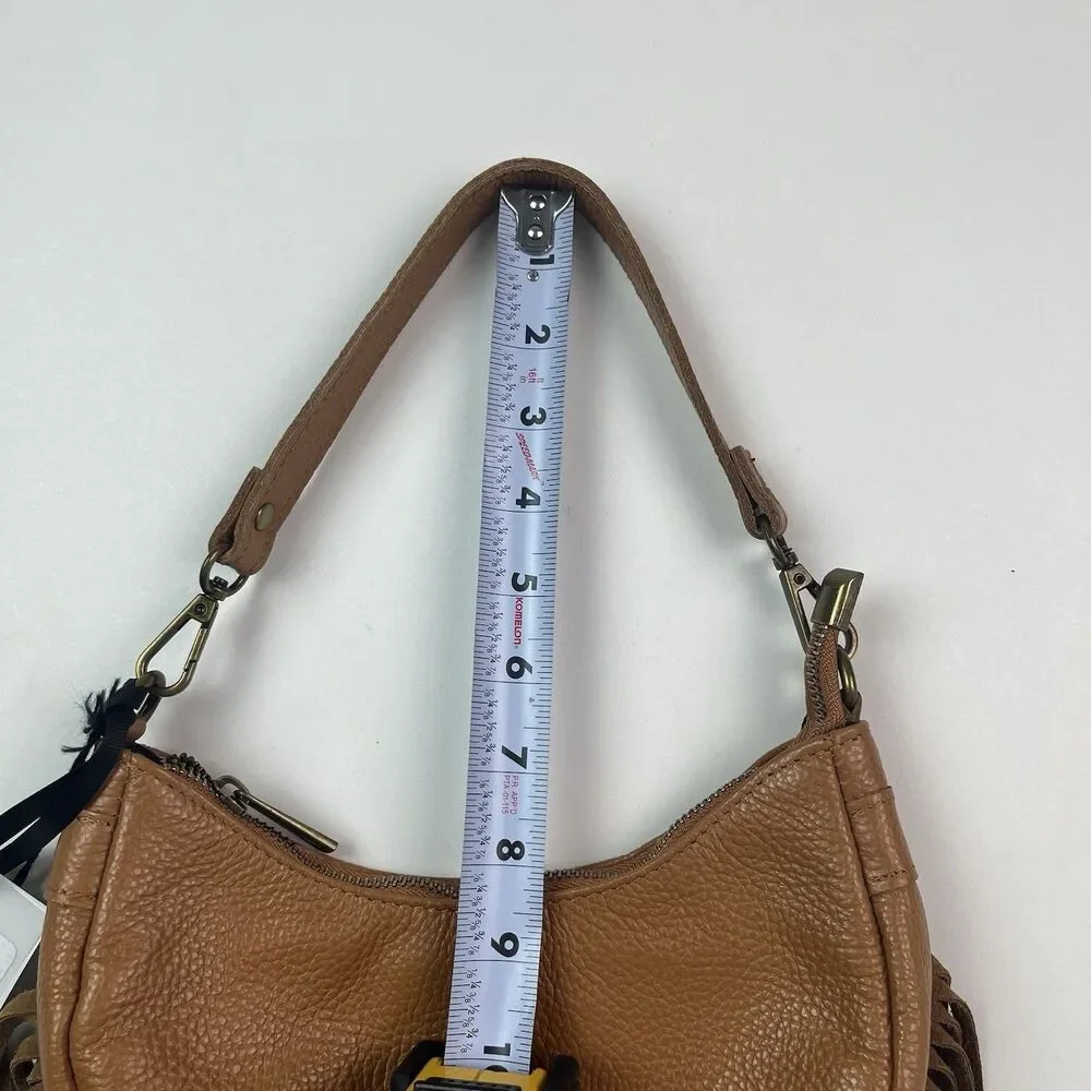 NWT Marlon Italy Leather Fringe Crescent Hobo Bag Brown Western Cowgirl Festival